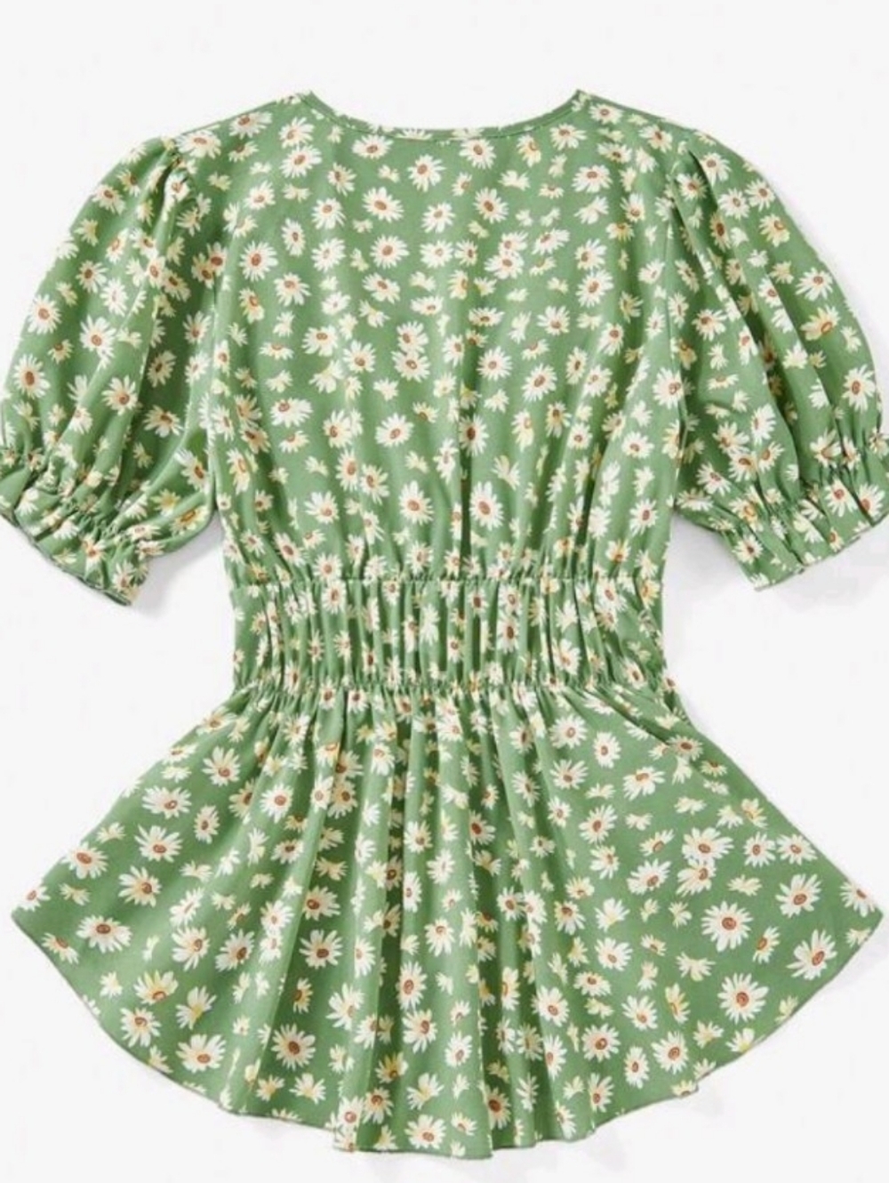 Green Daisy Print Smocked Waist V-Neck Top - Picture 5 of 5